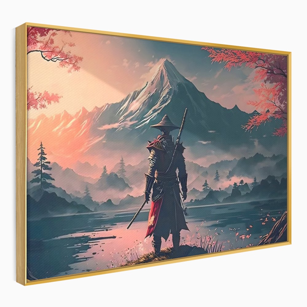 Tablou canvas cu samurai cu sabie pe malul lacului, in rama de aluminiu auriu